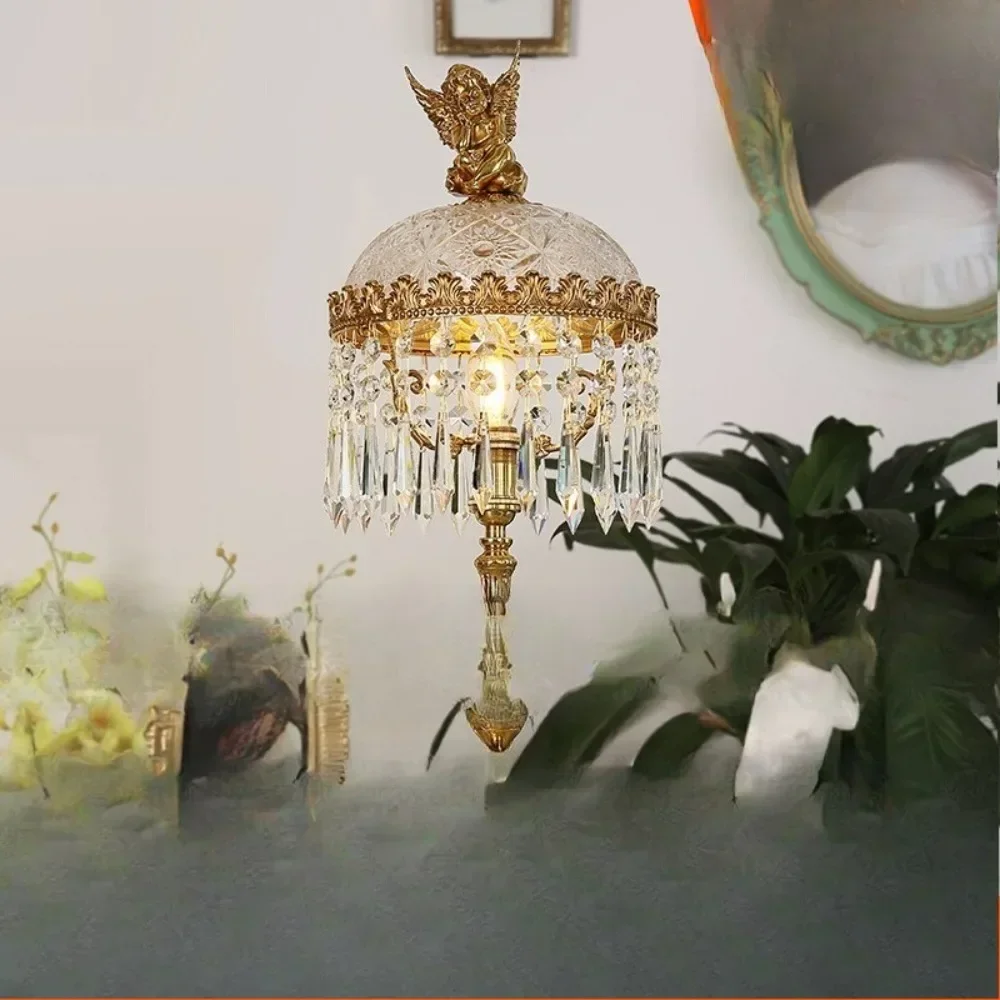

Cute All-copper Angel Desk Lamp French Retro Crystal Bedroom Bedside Desk Ornament Lamp
