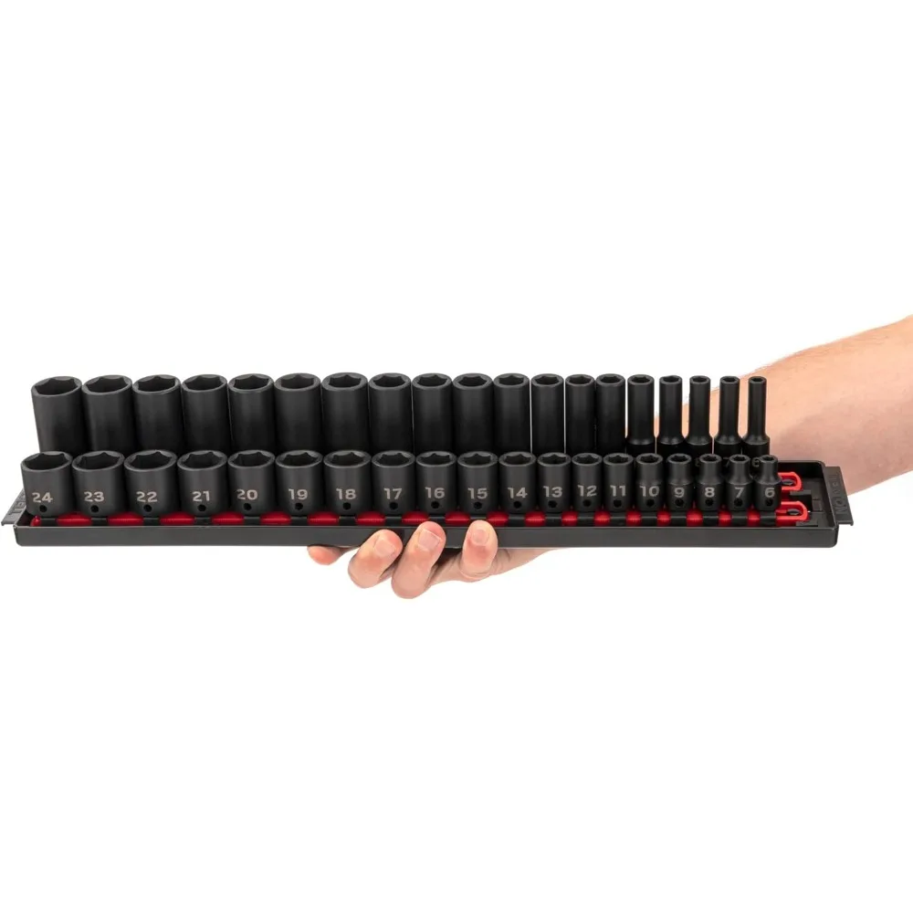 

3/8 Inch Drive 6-Point Impact Socket Set with Rails, 38-Piece (6-24 mm) | SID91211