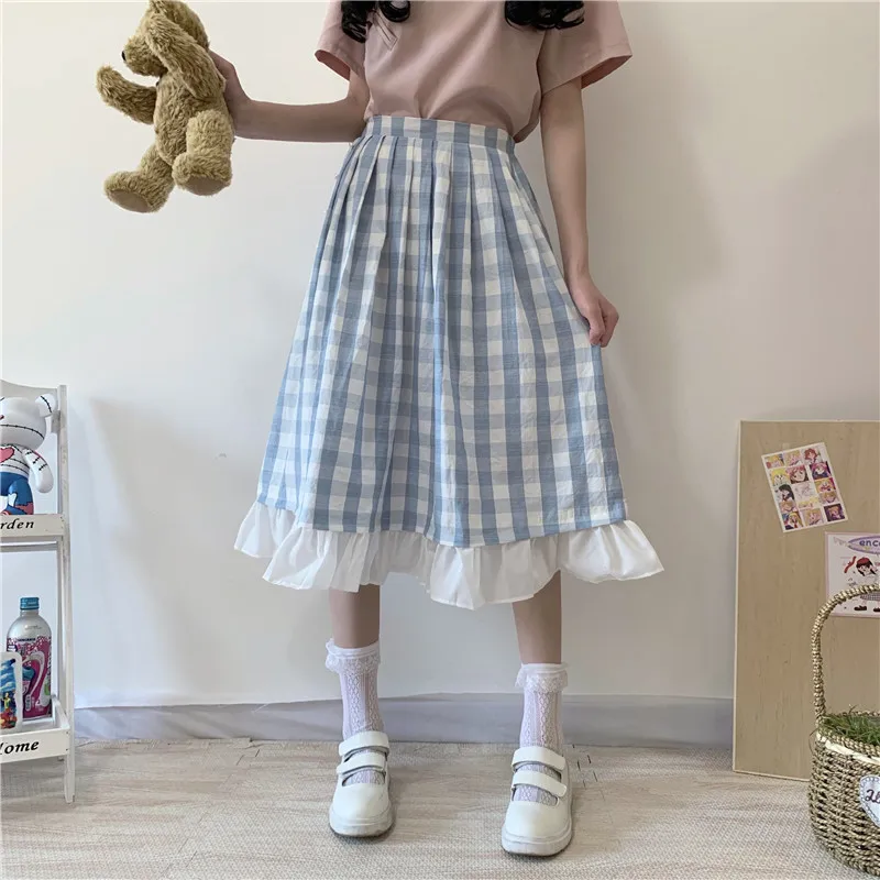 Vintage Ruffle Patchwork Plaid Long Skirt Sweet Girl Blue White Over Knee Length Tutu Women Mori Lolita Cute Pleated Midi Skirts