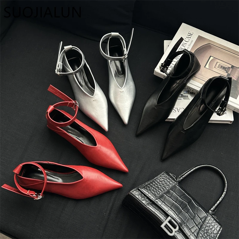 SUOJIALUN 2024 Autumn Women Flat Shoes Fashion Pointed Toe Shallow Ladies Elegant Mary Jane Shoes Soft Flat Heel Dress Boat Shoe