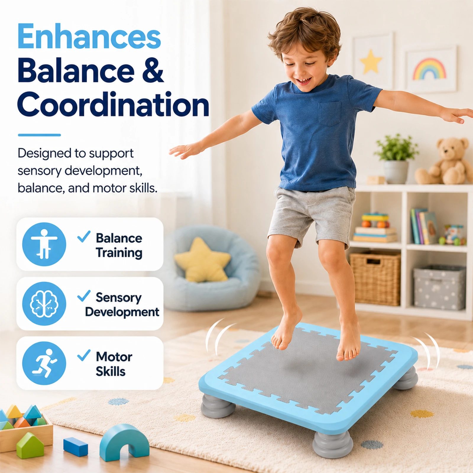 Kids Square Trampoline 25in, Autism Sensory Training Rebounder, Stable Bouncing Bed for Boys Girls 3+ Years