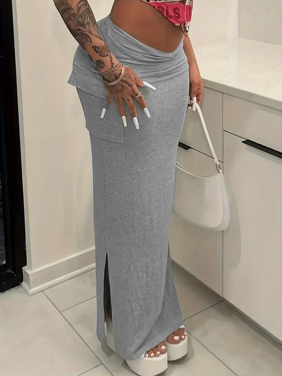 Casual Grey High Waist Knitted Cargo Maxi Skirt Women Sexy Y2K Bodycon Pencil Skirt Spring Autumn Long Skirt with Pockets
