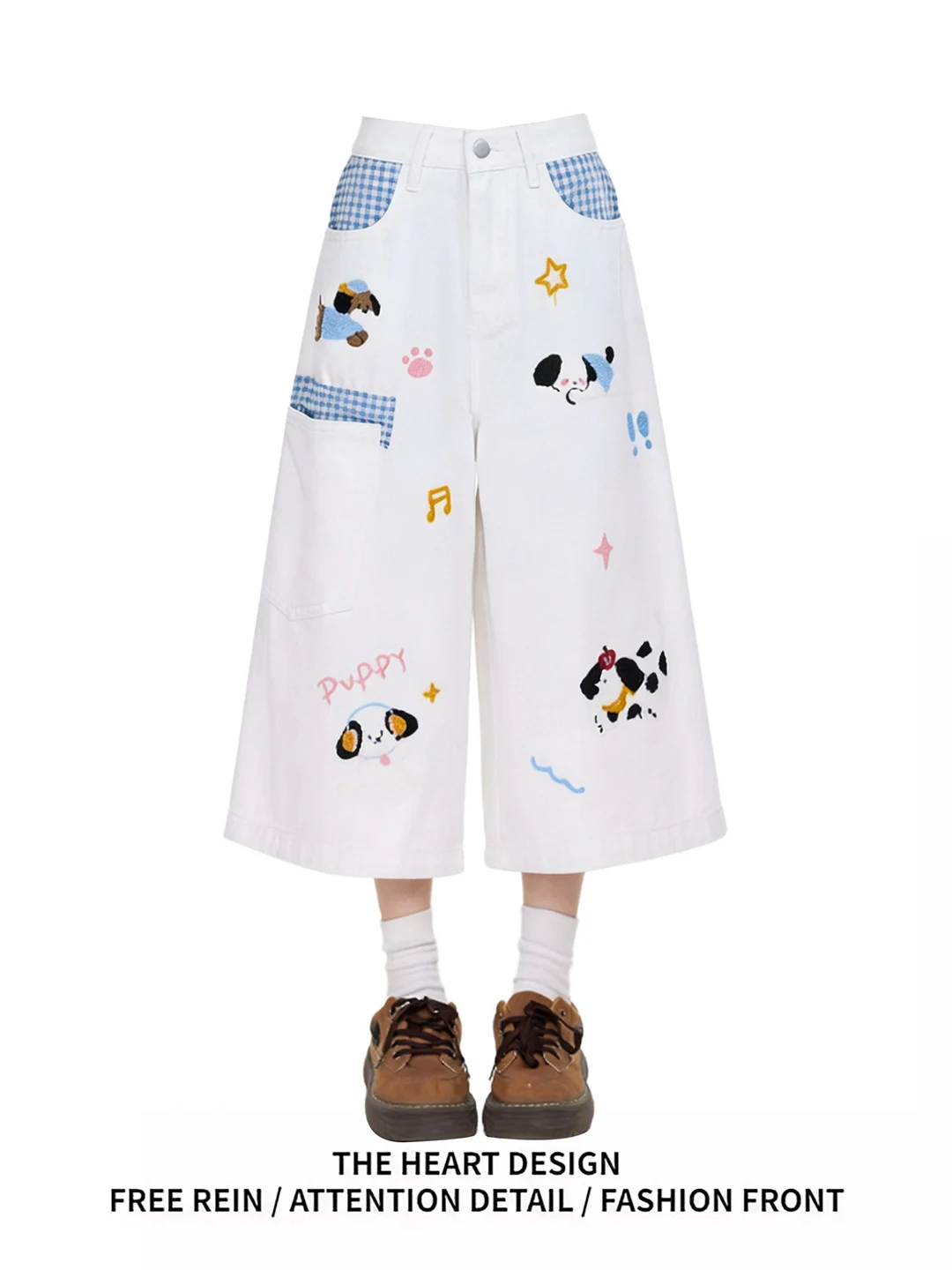 

Retro American Fashion Dog Print Washed Denim Seven-Foot Pants Women Summer Plaid Design Short Pants High Waist Wide Leg Jeans