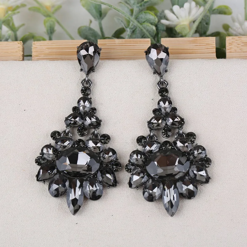 Prom Bridal Jewelry Accessories Wholesale Long Dark Blue Gray Champagne Crystal Rhinestone Drop Statement Earrings for Women