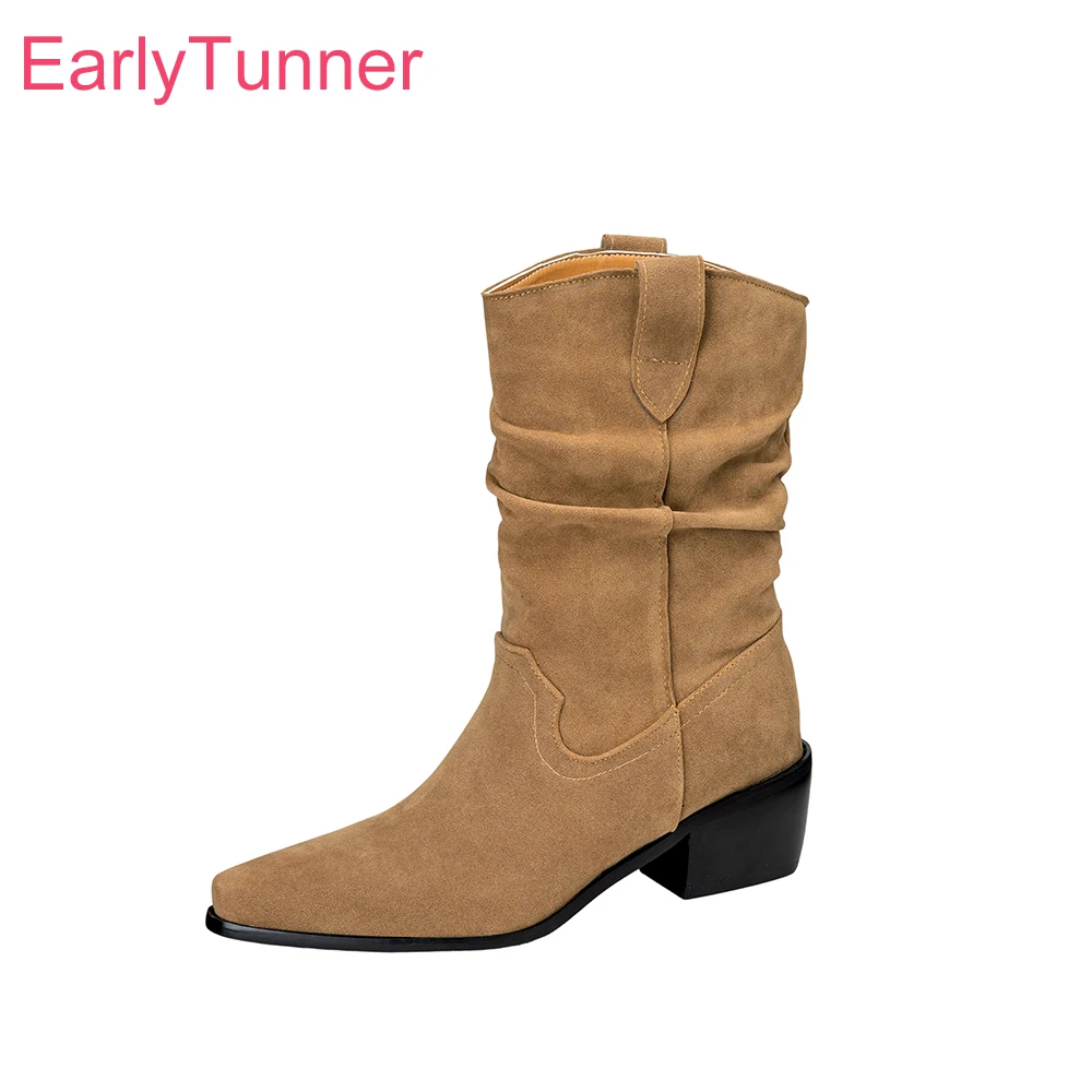 

2025 Новые зимние модные черные женские сапоги до середины икры цвета хаки на высоком квадратном каблуке Офисные женские туфли плюс маленькие большие размеры 10 32 42 45 48