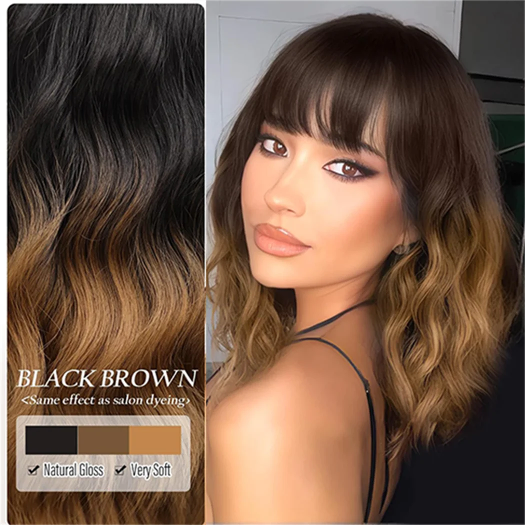 Women Ombre Brown Bob Synthetic Wig, Black To Brown, Short Wavy With Bangs, Shoulder Length,  Daily Use