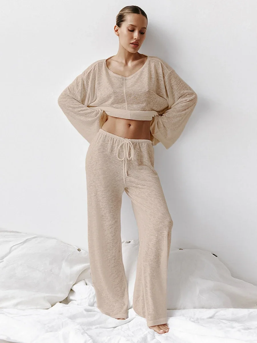 Mozuleva Sexy Fashion Knitted O-Neck Pajamas 2-Piece Set Long Sleeve Long Pants Womens\'s Home Clothing Spring Soft Pajamas Sets