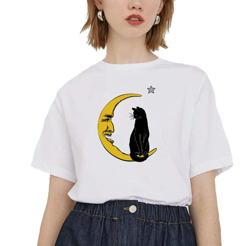 Creative Moon Black Cat T-shirt Women's Fashion Summer Tops Tees Good Quality Casual Tshirt for Girls A007