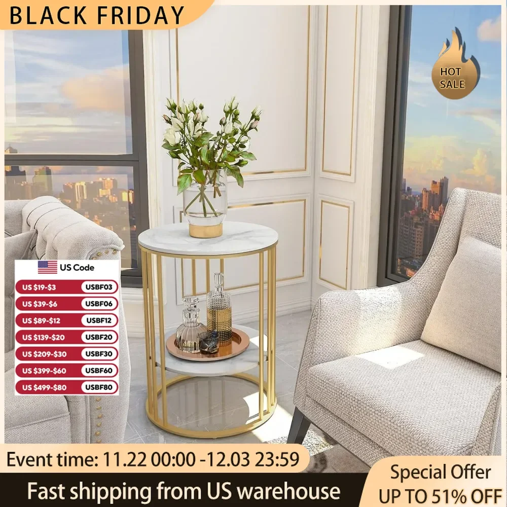 2 Tier Round White Sofa Side Table - Small Coffee Table with Golden Frame - Modern Bedside Nightstand for Living Room Bedroom