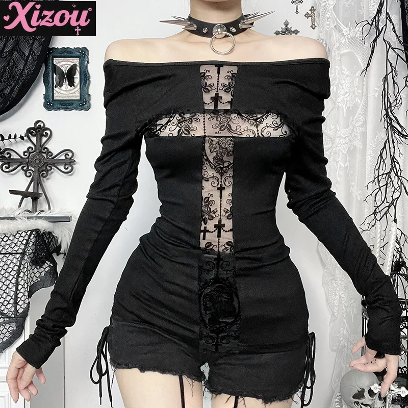 

Yabifeng y2k Street Trend Gothic Long Sleeve Cross Contrasting Splicing Top Girls Halloween Sexy Spice Versatile T-Shirt