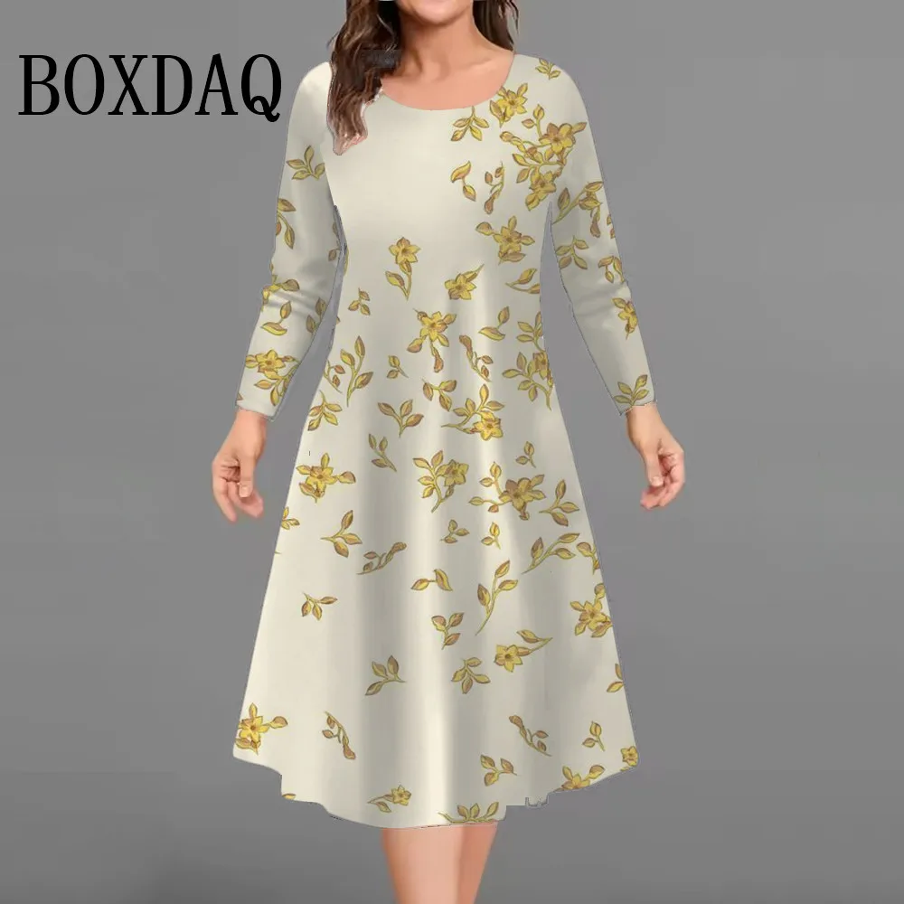 

Маленькие женские платья с цветочным принтом, осень 2024, элегантный свежий стиль, женские платья с длинными рукавами, женская одежда, большие размеры 9XL