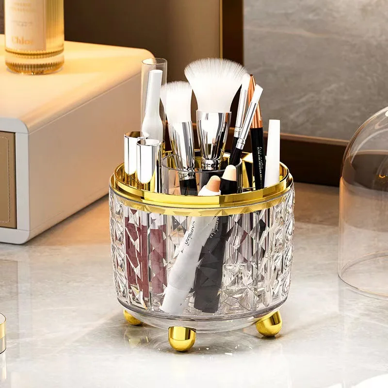 360° Rotating Makeup Brush Holder With Lid Nail Polish Eyebrow Pencil Lipstick Organizer Cosmetic Storage Box Makeup Organizer