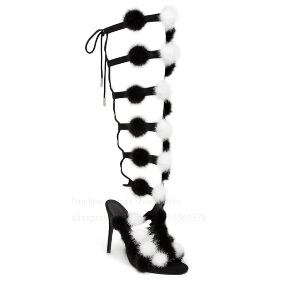 

Black Suede Knee High Heels Sandals Boots Open Toe Pom Pom Tassel Lace up Stiletto Women Shoes for Party Club Evening Event