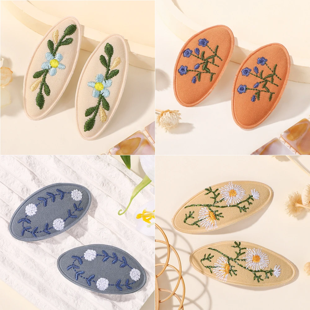 

2Pcs High Quality Hand-made Embroidery Hair Clip Sweet Bangs for Kids 3 Styles of Fresh Rural Hair Accessories Hair Clips Gift