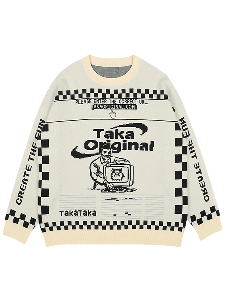 Men\'s Sweater Oversized Loose Retro Pattern Harajuku Jumpers Long Sleeve Top Winter O-Neck Y2k Streetwear Pullover Knit Clothing