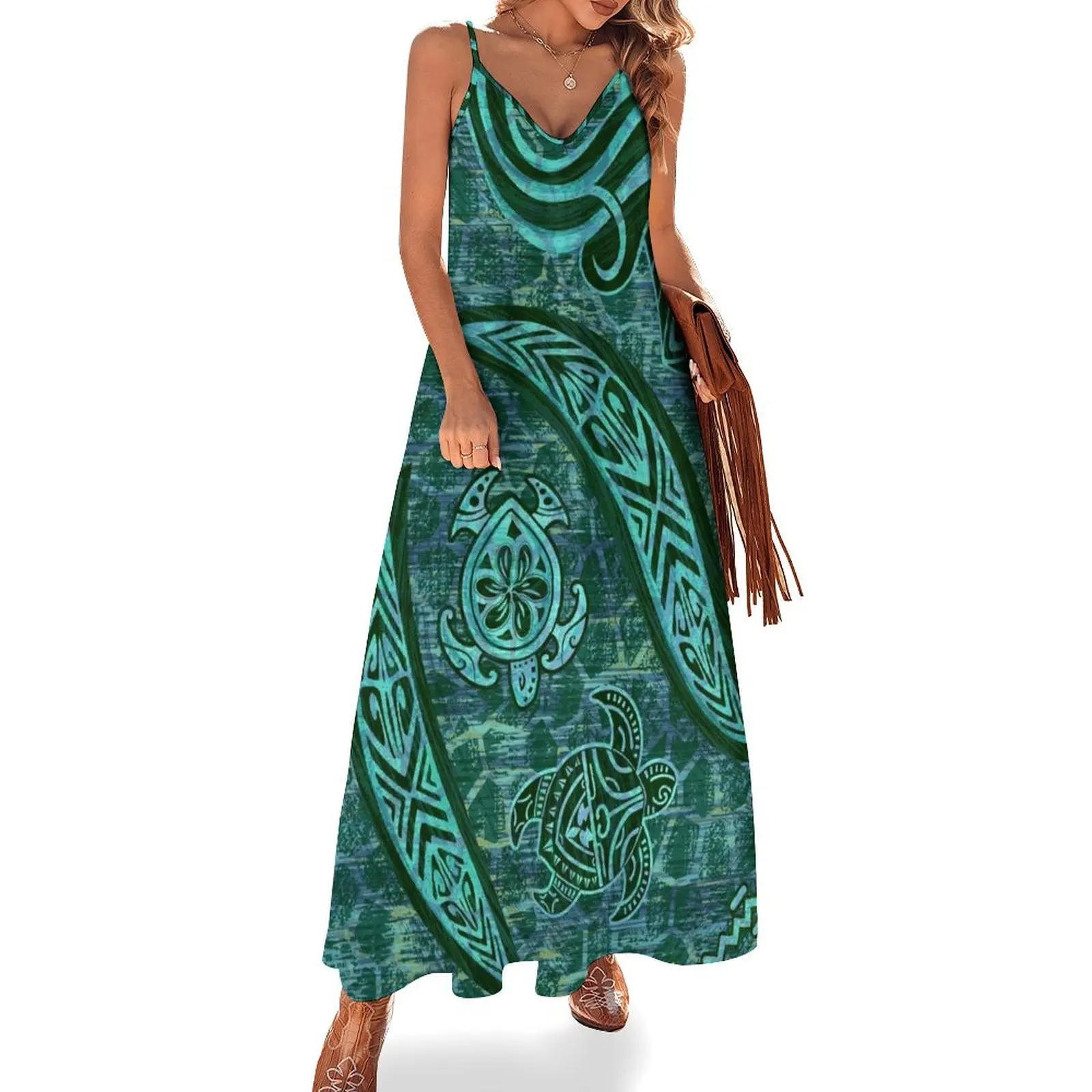 

Vintage Hawaiian Teal Turtle Shell Abstract Sleeveless Dress cute dress Women's evening dress prom 2025