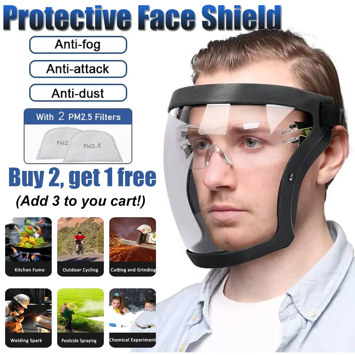 

1Pc Full Face Super Protective Mask Anti-Fog Shield Safety Transparent Head Cover Windproof Anti-Fog Kitchen Tools With 2 Filter