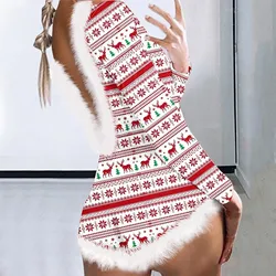 Sexy Women Christmas Bodysuit Elk Snowflake Printed V Neck Backless Jumpsuit Autumn Winter Button Bodycon Overalls