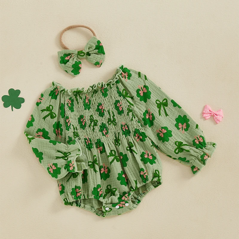 St Patrick s Day Baby Girls Green Romper with Shamrock Print and Matching Headband - Irish Infant Outfit for Celebrating