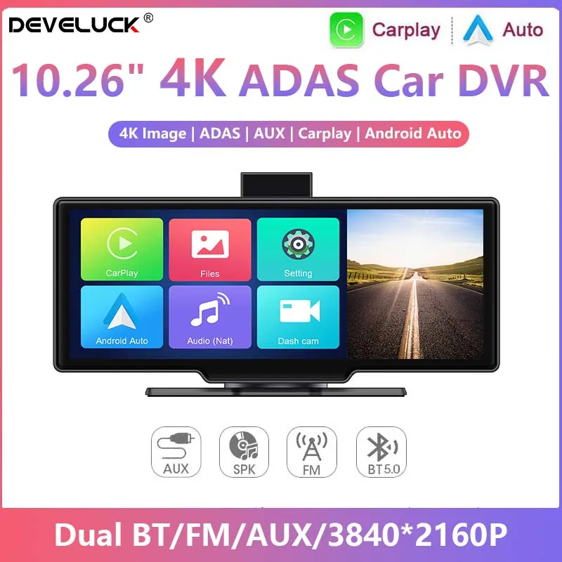 

10.26" Portable 4K ADAS Car DVR Wireless Carplay&Android Auto Universal Car Dash Cam GPS Navigation Rearview Camera AUX FM WIFI