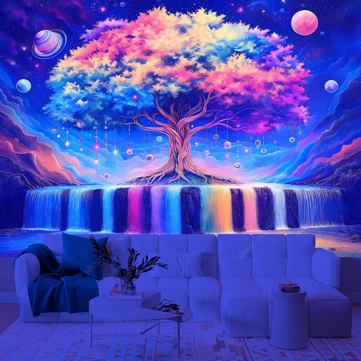 Psychedelic Forest UV Reactive Tapestry Hippie Plant Nature Tree Wall Tapestry Misty Jungle Neon Poster Bedroom Backdrop Decor