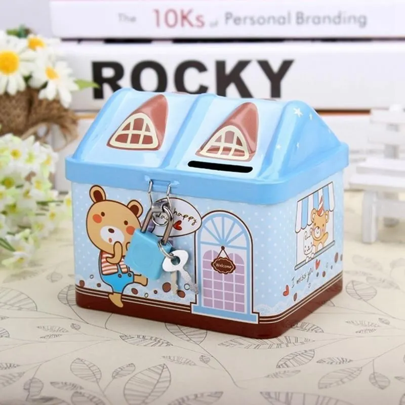 Cute Bear House Coin Box Creative Metal Bank Currency Box Coin Bank Children\'s Savings Tank Birthday And Christmas Gift Rabbit