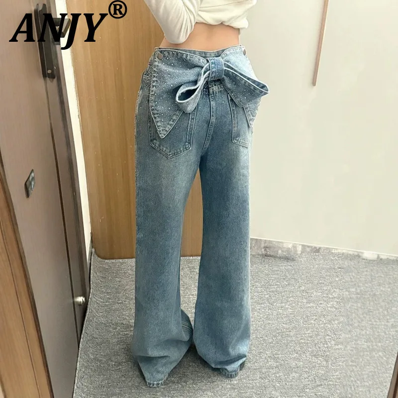 ANJY Spring Autumn New Women American Style Hot Girl Detachable Bow Design Diamond Denim Pants Vintage Straight Leg Jeans A27585