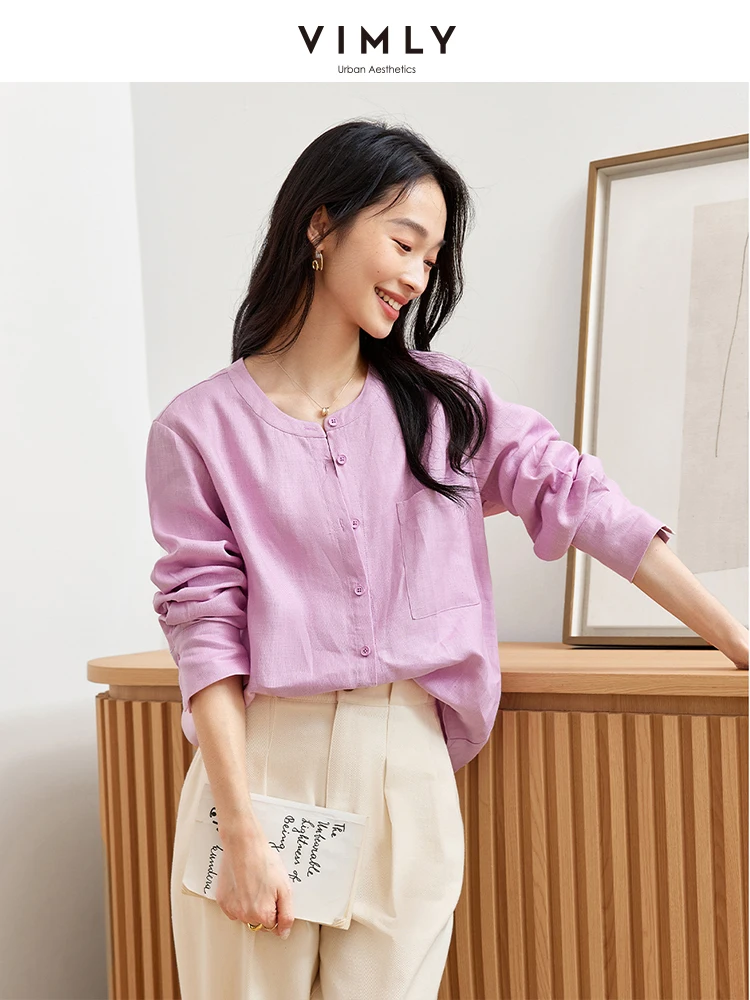 VIMLY Women Autumn Commuter 100% Linen T-Shirt Blouse Vintage Straight Loose Shirt Casual Long Sleeve Simple Cardigan Tops