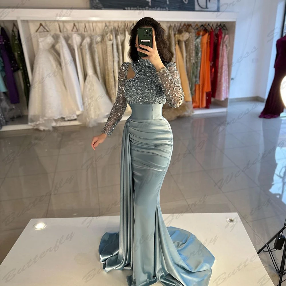 Vintage Elegant Women's Evening Dresses Long sleeved High Necked Mermaid Muslim Princess Prom Gowns Arab Dubai Formal Fashion