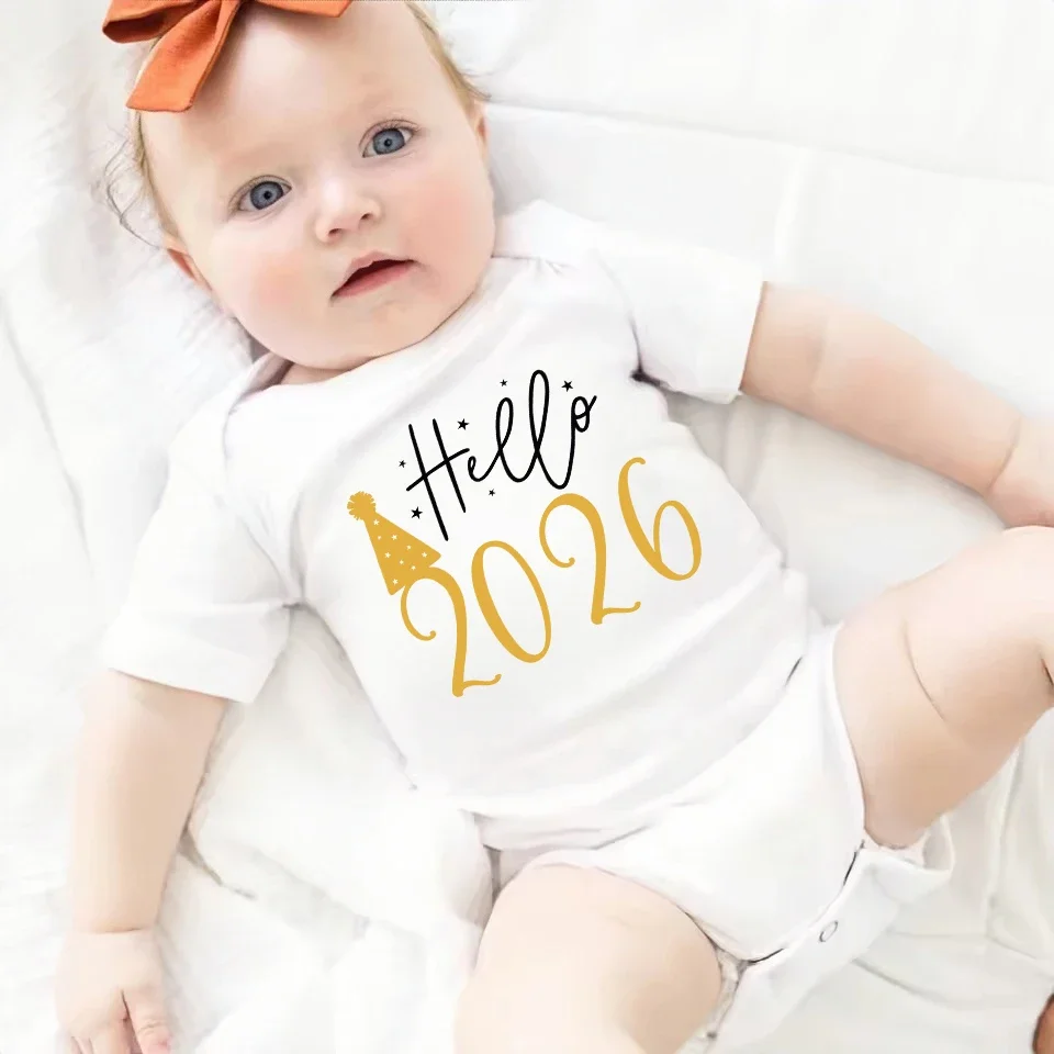 Baby Bodysuit Hello 2026 Infant Romper New Year Baby Gift Toddler Short Sleeve Jumpsuit Boys Girl Clothes Newborn Shower Present