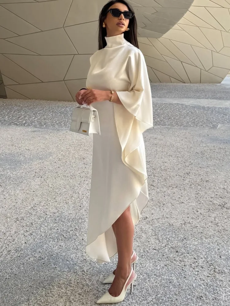 Articat エレガントな半袖サテンボディコン不規則なパーティークラブイブニングドレスの女性のファッションスリムラウンドネック無地ロングドレス