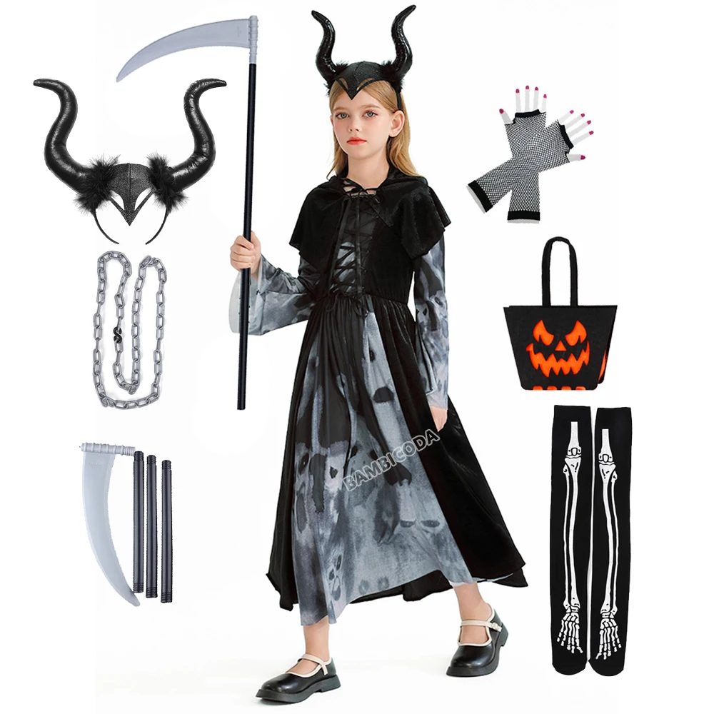 

2025 Scary Zombie Cosplay Fantasia Vampire Costume Girls Black Dress Ghost Day Of The Dead Halloween Carnival Party Suit