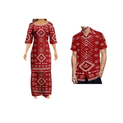Samoan Puletasi Polynesian Tattoo Pattern Women Dresses lady Design Dress Matching Men's Short-Sleeved Shirts Couple Suit