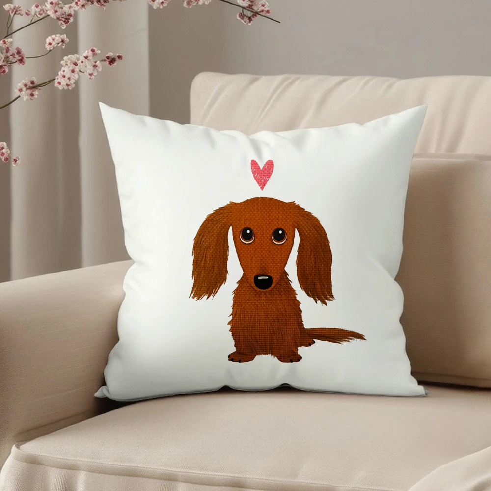 Square Throw Pillow Case White Cute Brown Dachshund Dog With Pink Heart Print For Living Room Sofa Bedroom Home Decor
