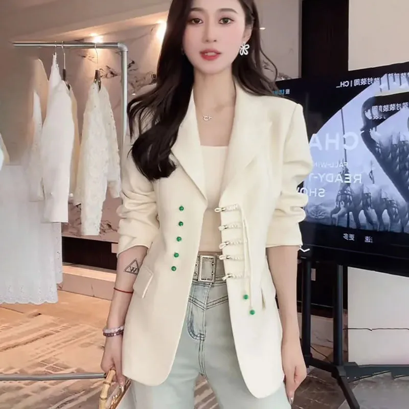 Spring Autumn New Chinese Bright Silk Glow-Light Blazer Jacket Women's Outwear Slim Slimming Waist Buckle Suit Jacket Tops