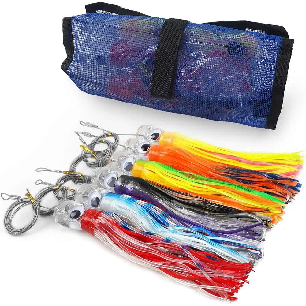 

6Pcs Saltwater Tolling Lures Squid Skirt Deep Sea Fishing Lure Set Offshore Big Game Rigged Trolling Lures for Tuna Marlin Wahoo