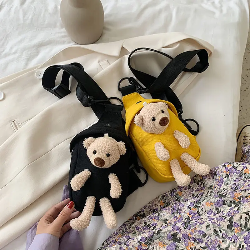 Women Waist Pack Canvas Waist Bag Zipper Crossbody Teddy Bear For Camping Hiking Lady Femme Sacos De Ombro Chest Crossbody Bag