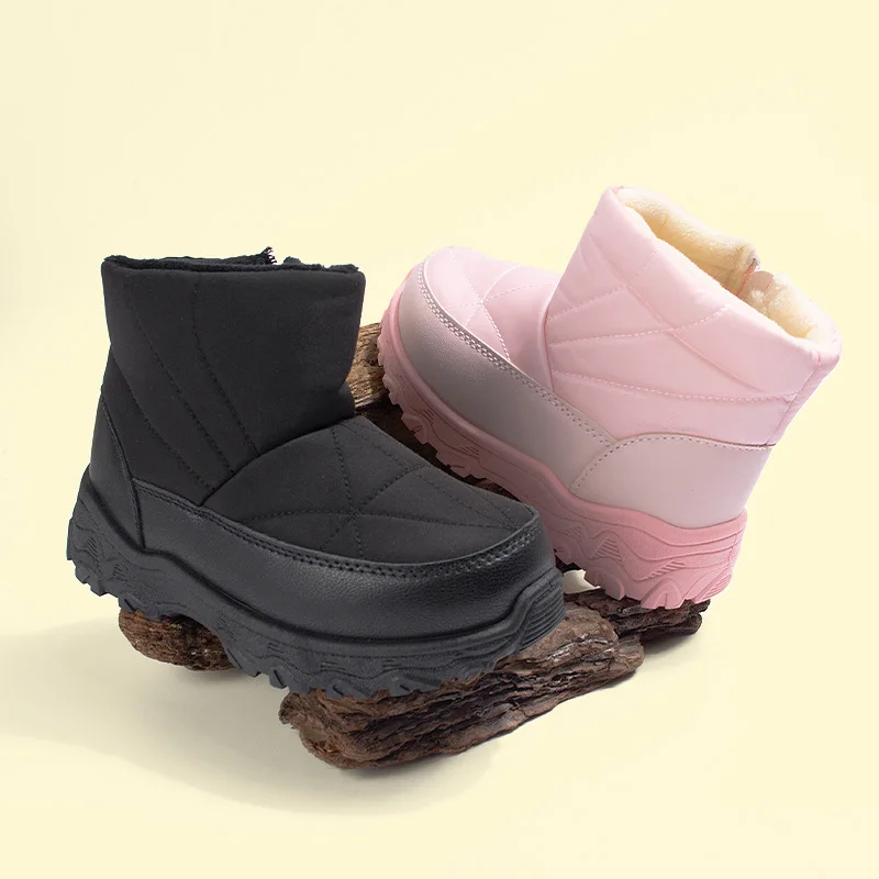 Wasserabweisende Kinder-Schneestiefel für den Außenbereich mit Fleecefutter, rutschfeste Sohle, warme Winterschuhe in Schwarz und Rosa
