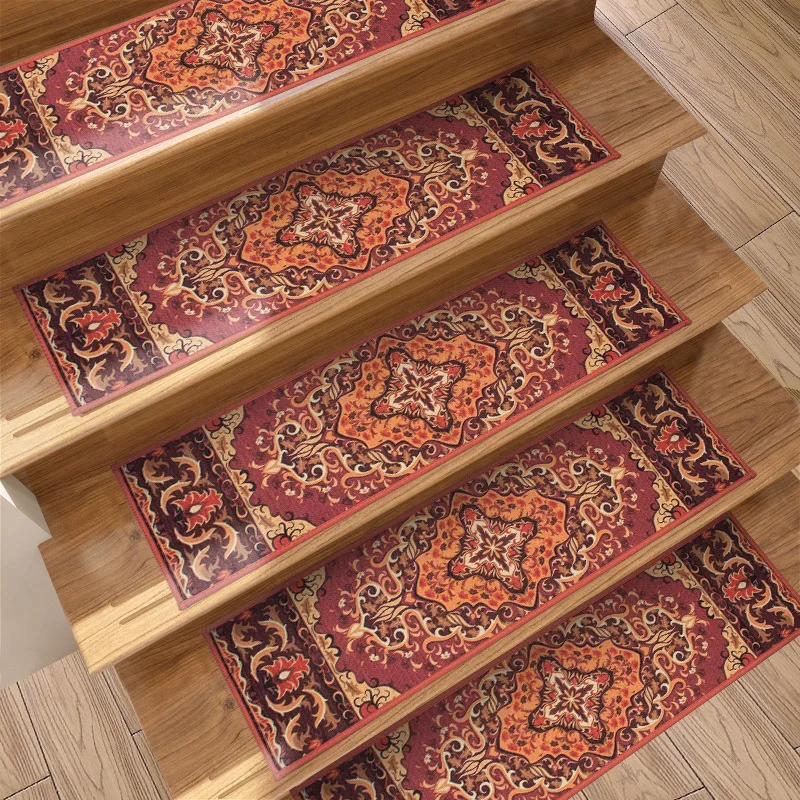 Retro Persian Carpet Flower Pattern Stair Decoration Stairs Mats Non-slip Self-adhesive Machine Easy Cleaning Step Rug 7PC 15PC