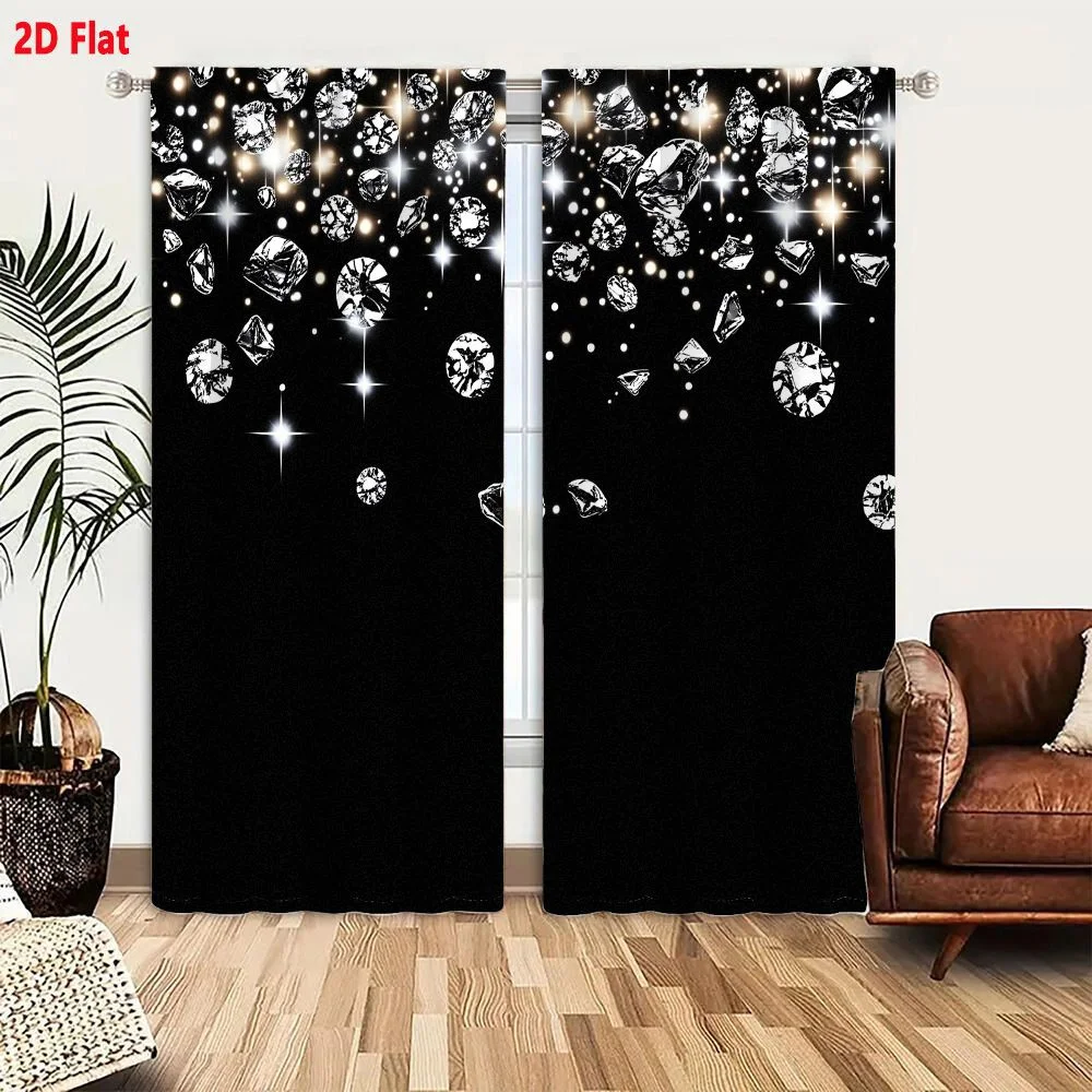 2Pcs Curtains Sparkling Diamond Gemstone Cascade Digital Illustration With Starburst Effects And Negative Space Window Drapes fo