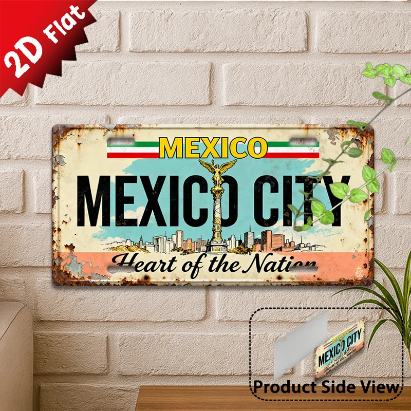 2D Flat - 1 Mexico City Aluminum Sign | Vintage Aluminum Wall Decoration,  Capital Landmark Theme, Office and Bar Decoration,