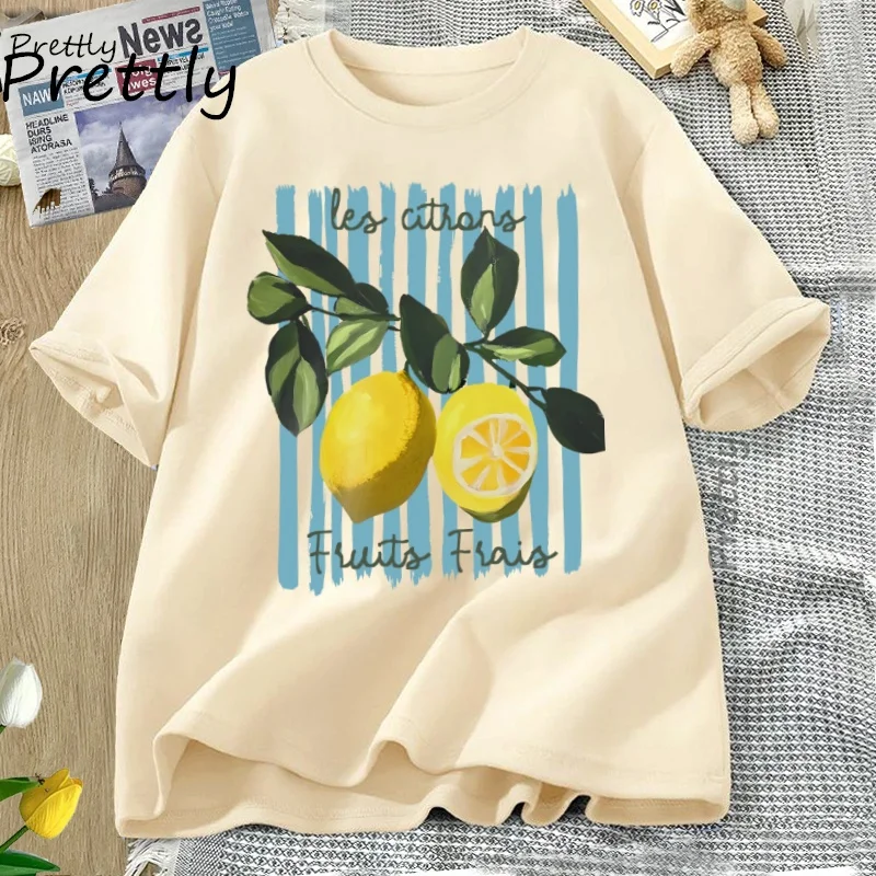 Summer Lemon T-shirt Vintage Cottagecore French T Shirt Cotton Lemon Tee Shirt Vacation Beach Tshirt Casual Short Sleeve Tops