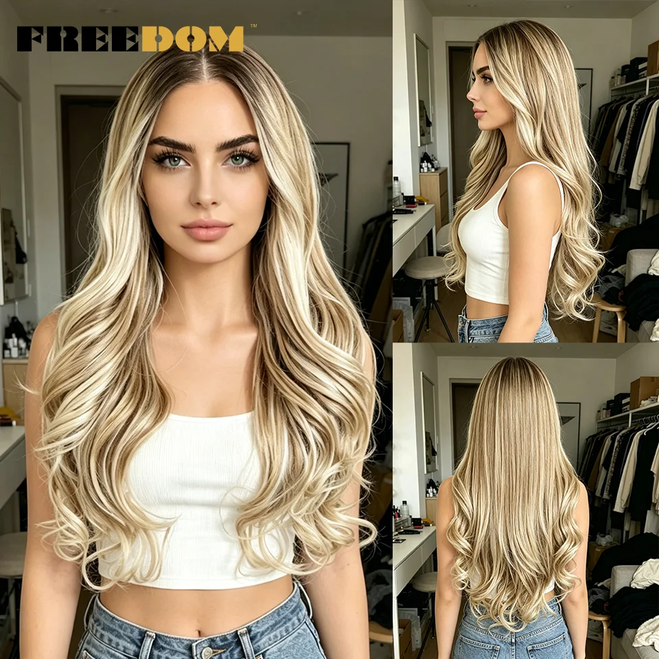 FREEDOM 13X4 Body Wave Synthetic Lace Front Wigs For Women Ombre Brown Blonde Lace Wig 24 Inch Pre-plucked Natural Daily Use Wig