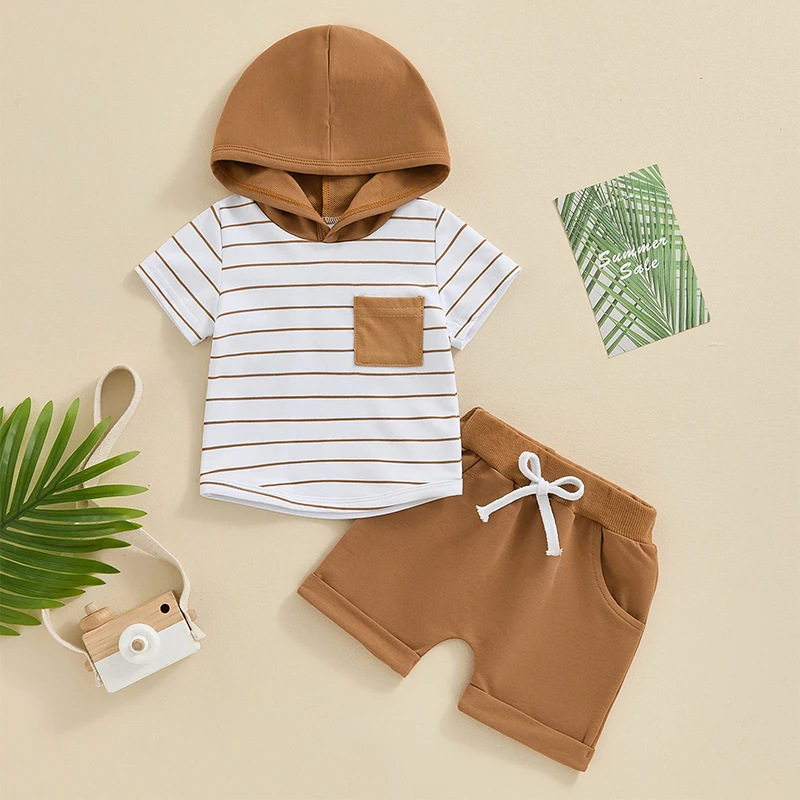 Baby Boy Summer Outfits Short Sleeve Striped Hoodie Rolled Shorts Set Toddler Clothes