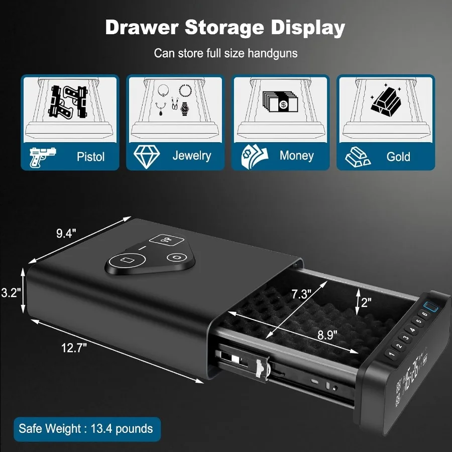 Fingerprint Biometric Gun Safe Clock Handgun Safe with 3-in-1 Watch and Phone Wireless Charging Drawer Lock for Hand guns Cash view 4