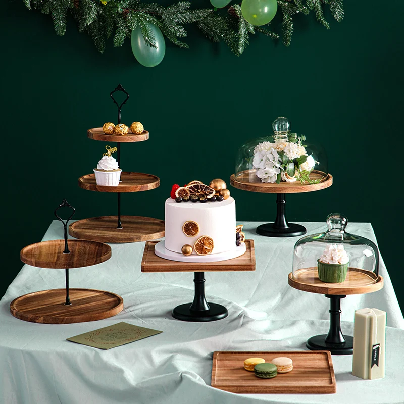 Wooden Cake Set Dessert Pastry Display Stand Glass Cover Party Holiday Decoration Tall Tray Home