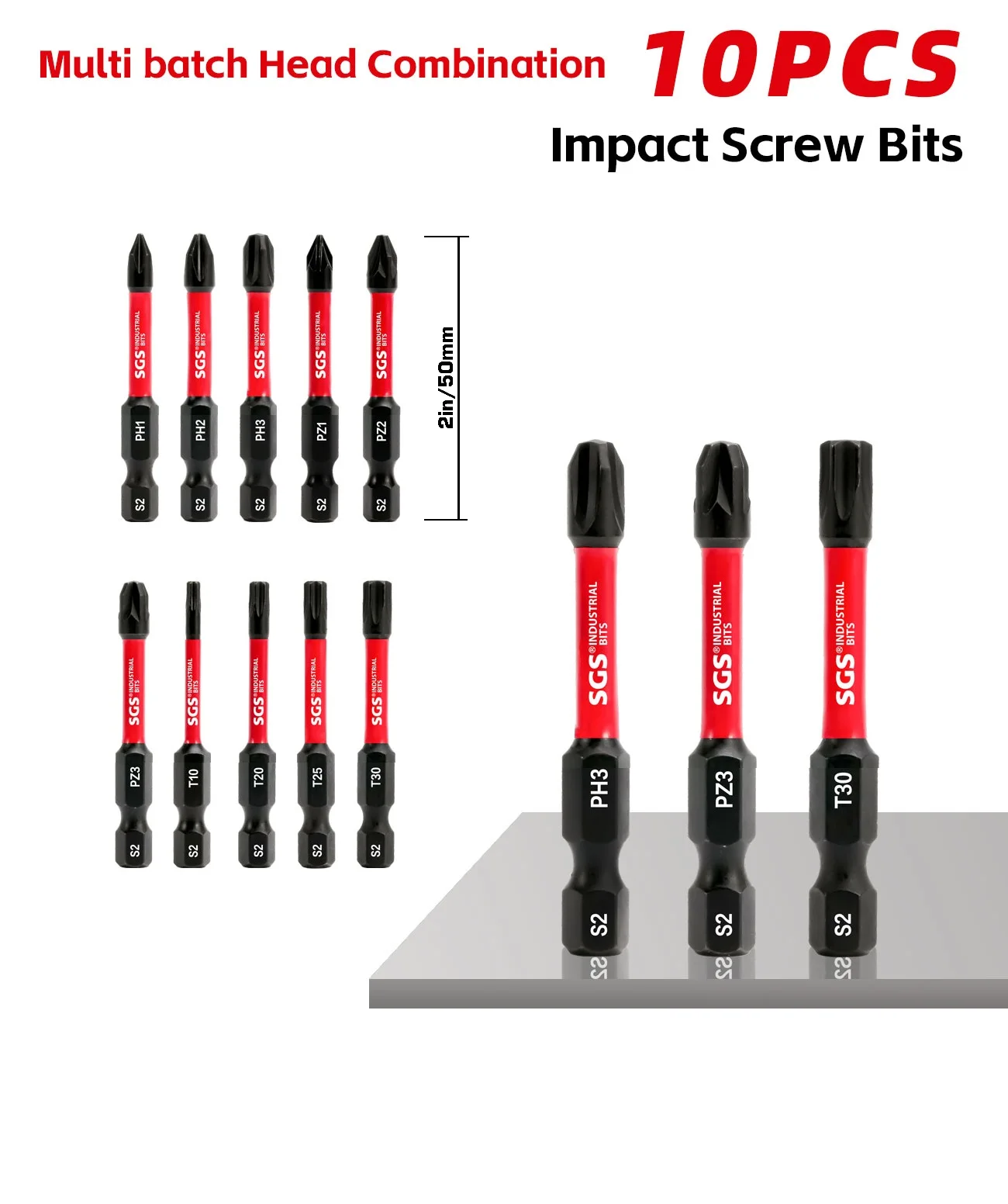 10-Piece Industrial-Grade Screwdriver Bit Set, Ph1/Ph2/Ph3/Pz1/Pz2/Pz3/T10/T20/T25/T30 Models, Ph, Pz, Torx Screwdriver Bits, 50mm Bits, High-Hardness S2 Steel Material, Wear-Resistant Magnetic Bits, Suitable for Power Tools, Renovation, Car Repair, and Home Diy.
