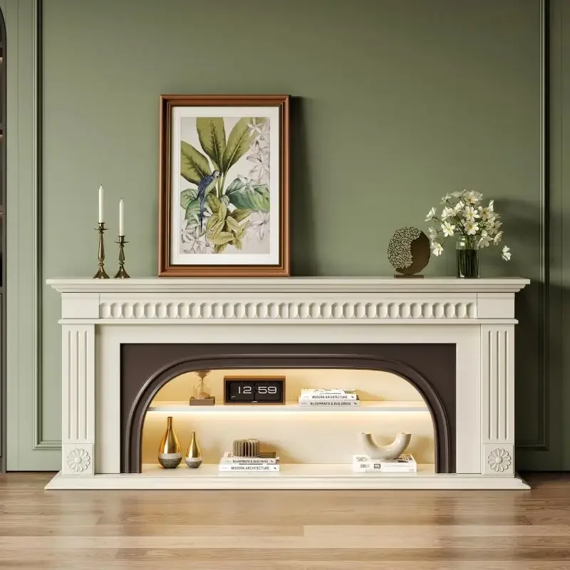 

French simple and beautiful light luxury TV cabinet, black simulated fire heating fireplace cabinet, large size solid wood