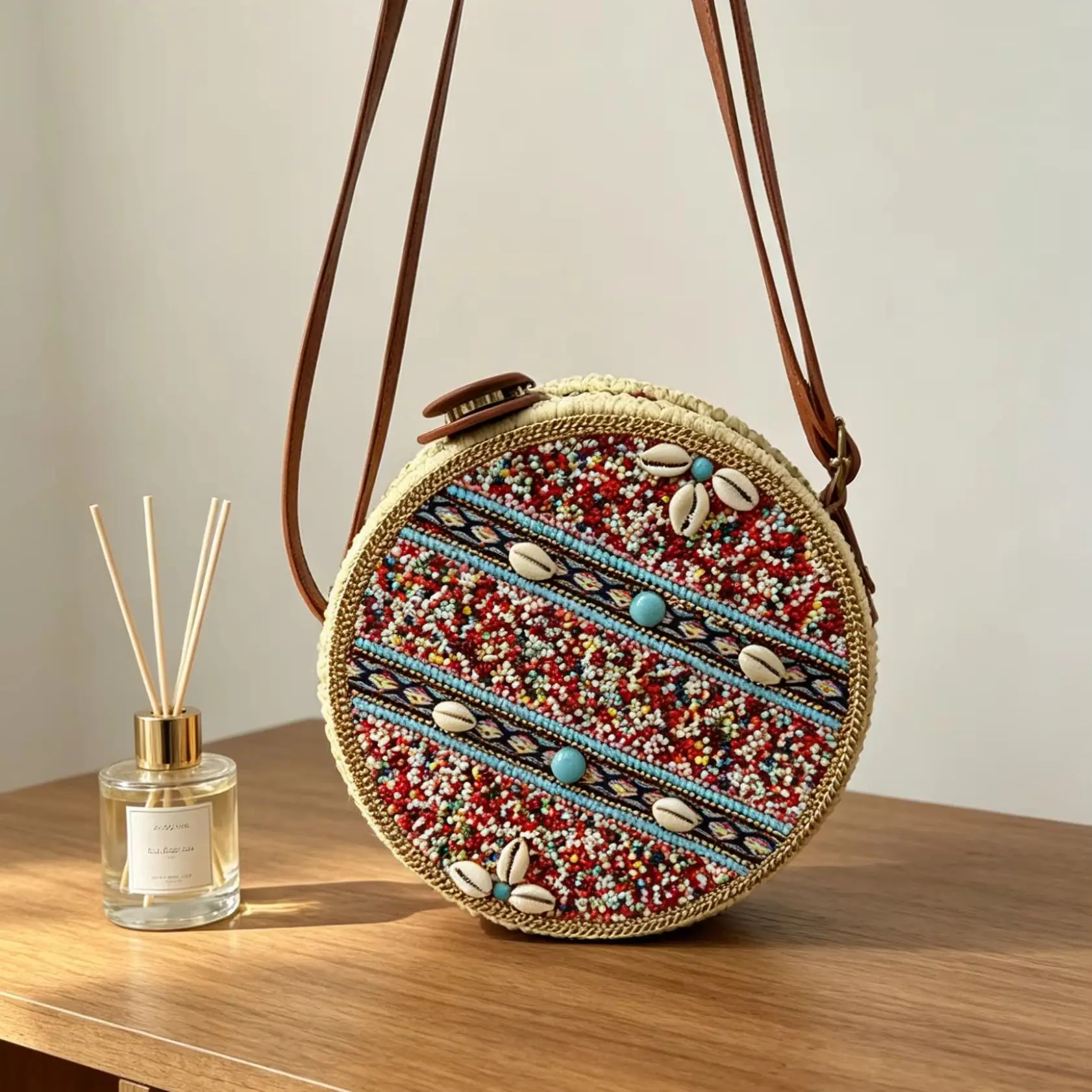 Bohemian style brown leather shoulder strap Handmade collectible model Must-have for forest beach vacation