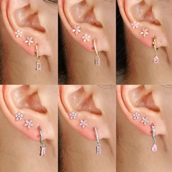 3PCS Stainless Steel Cubic Zirconia Square Pendant Earrings Set For Women Pink Pendant Huggie Helix Cartilage Piercing Jewelry